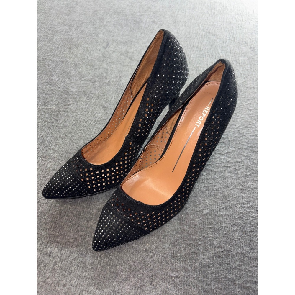 Report Jackee Black Perforated Pointed Toe Stiletto Pumps Womens 6 Metallic